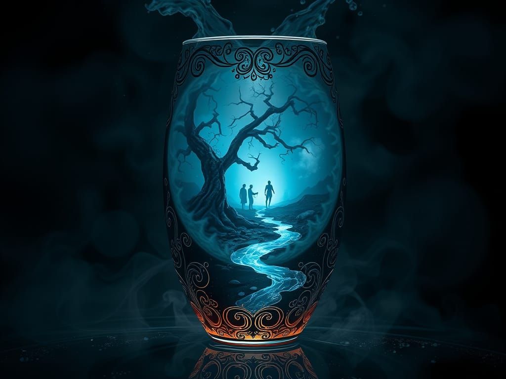 A highly detailed and sharp image of a wine glass, acting as a portal to a dark, mystical underworld. The glass, intrica...