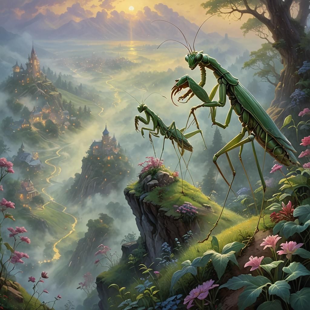 Praying Mantis on Misty Hill in Ethereal Style