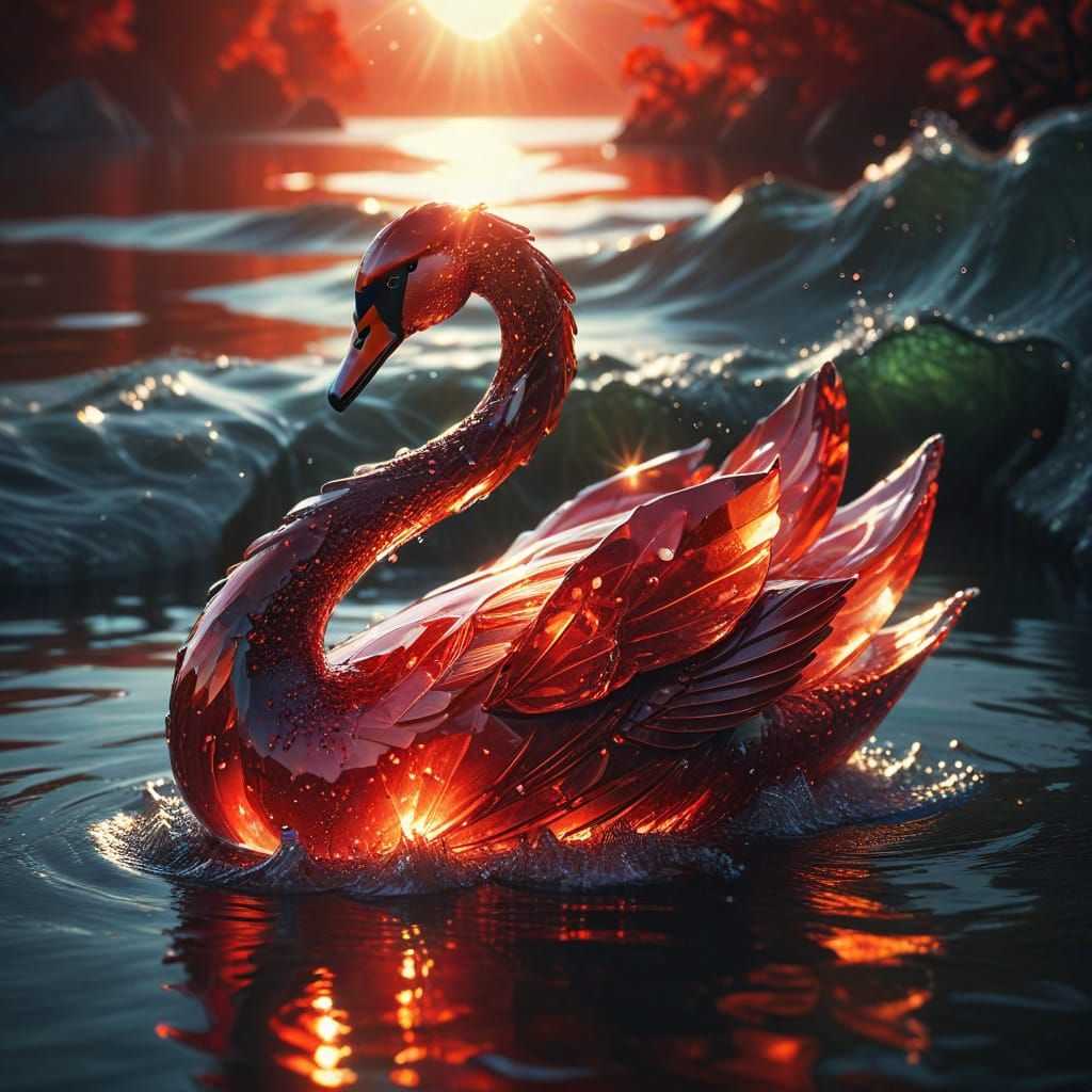 Red Crystal Swan on Luminescent Sea: Hyperrealistic Digital ...