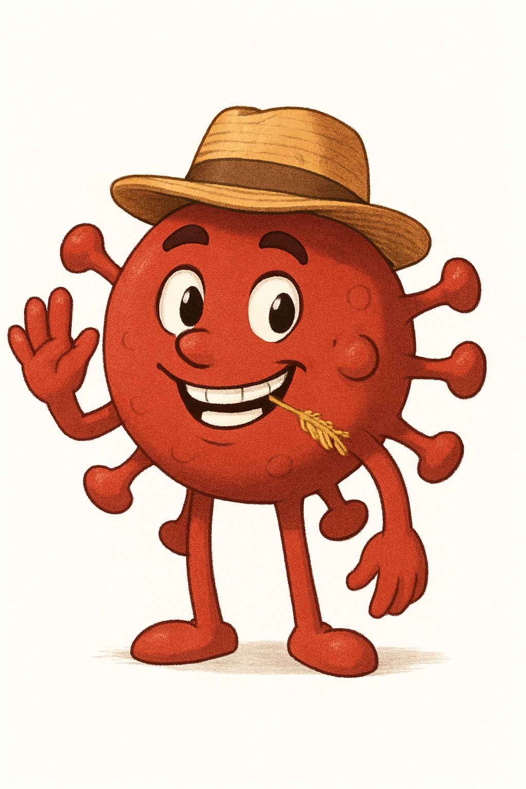 Smiling Anthropomorphic Coronavirus Wears Straw Hat