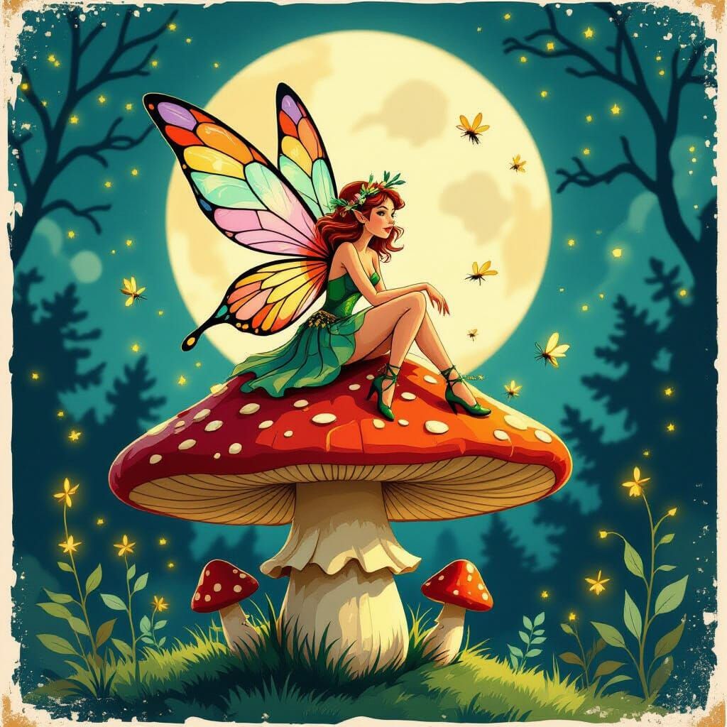 Fairy on Mushroom in Moonlit Glade, Vintage Carnival Style