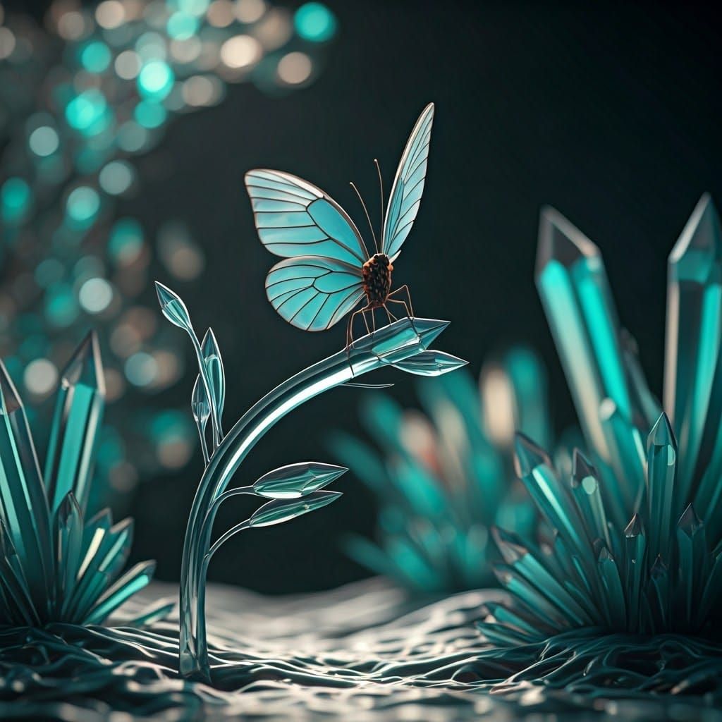 Iridescent butterfly in a cellophane forest