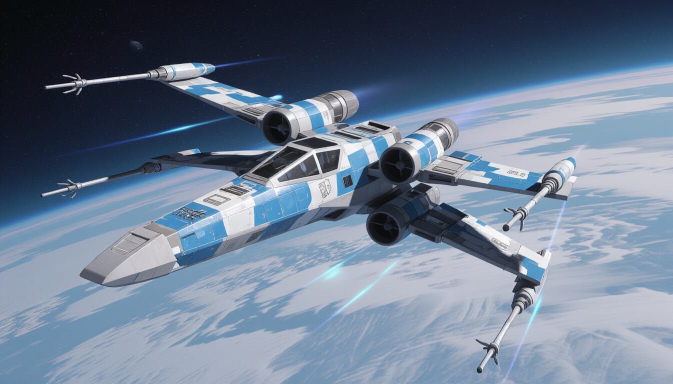 Blue and White Camouflage X-Wing Fighter