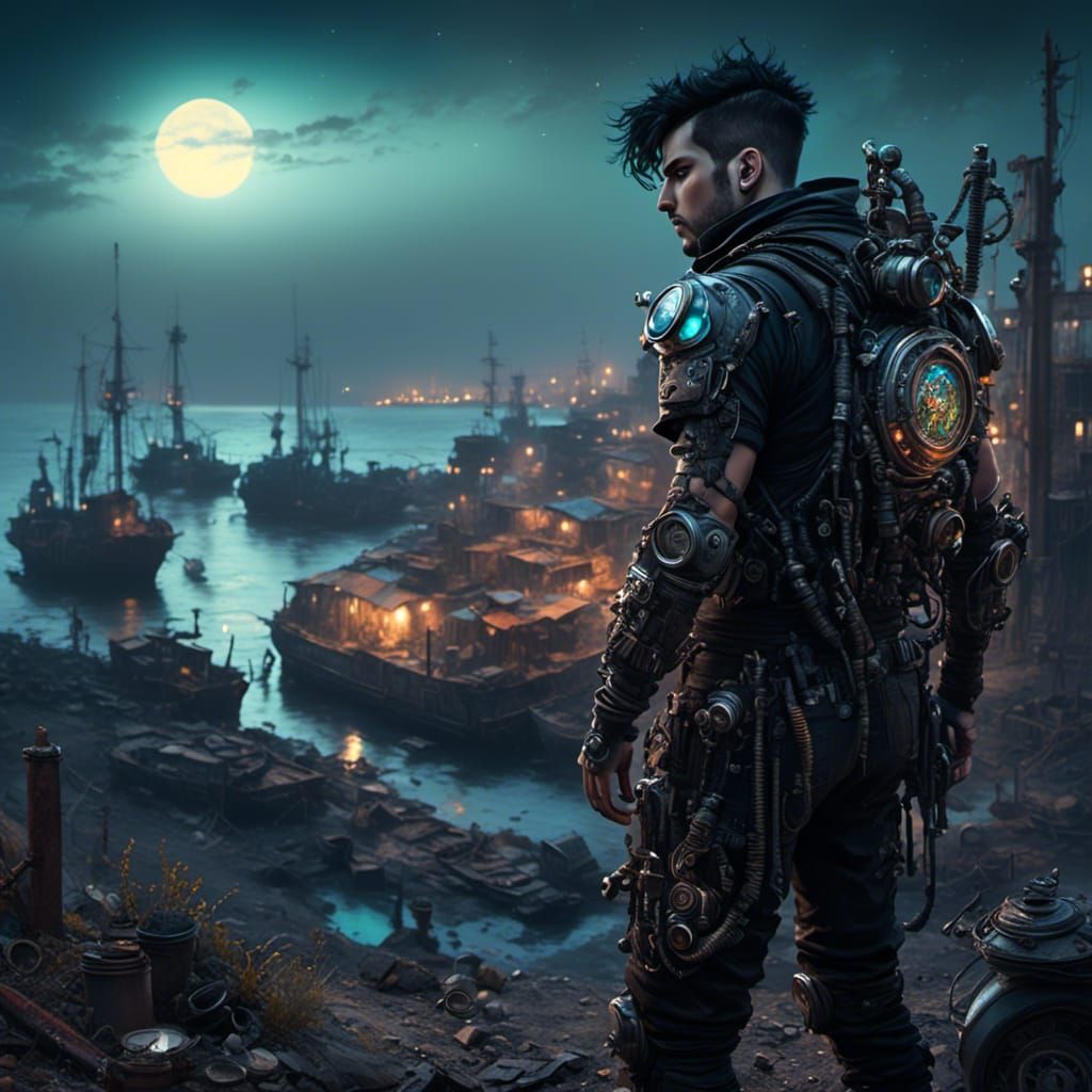 Cyborg Gazing at Neon Trashpunk Harbor Wasteland