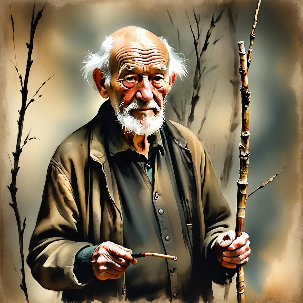 Elderly Man and Youthful Reflection in Watercolor Style