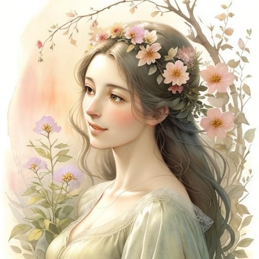 Whimsical Botanical Illustration of Serene Woman
