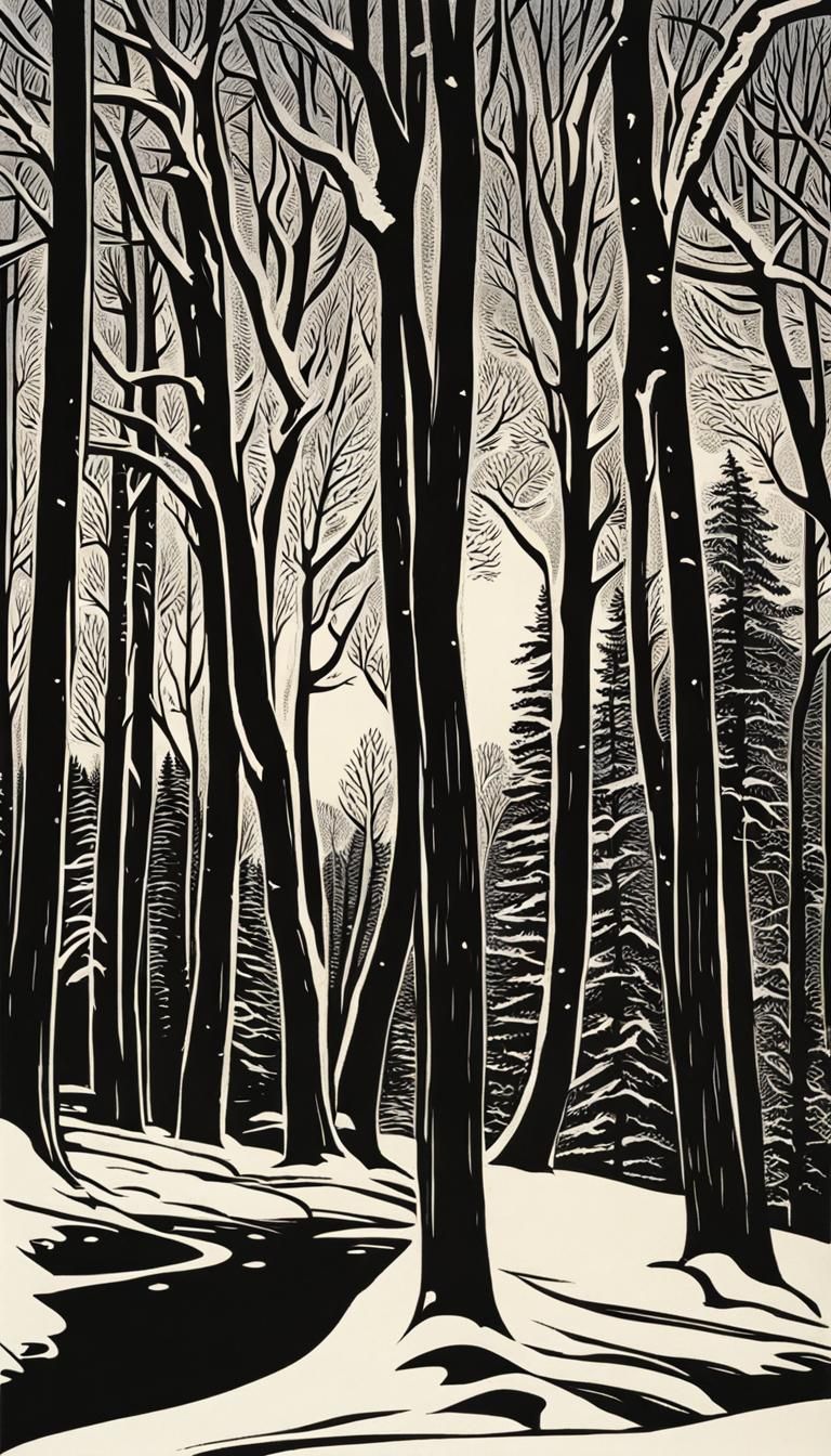 Vermont Maple Sugaring Scene Woodcut in Spring