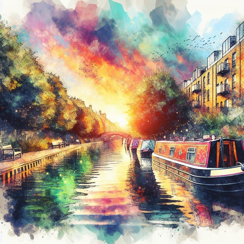 Vibrant Narrowboat on Camden Canal at Sunrise