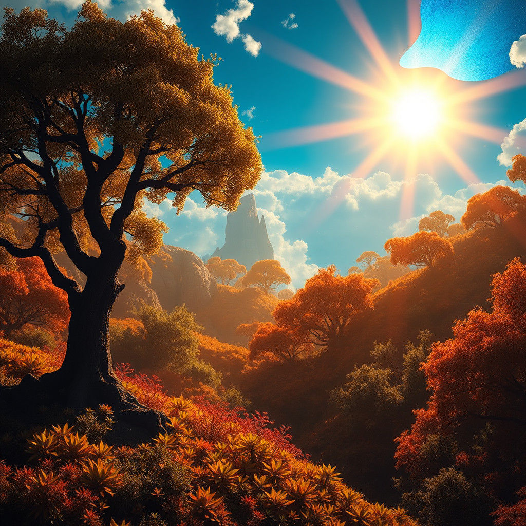 Lush Fantasy World Bathed in Sunlight