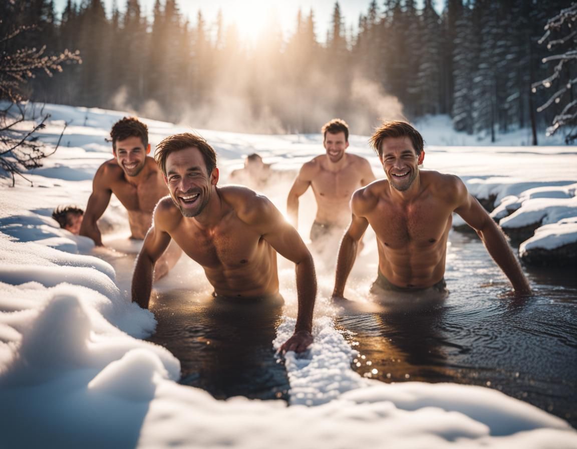 Men Crawling Through Snow to Hot Springs