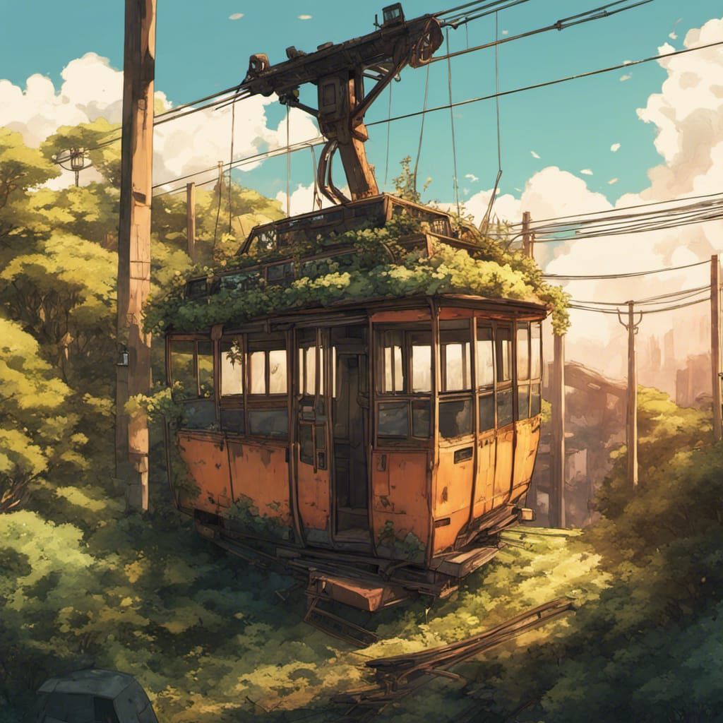 Overgrown Abandoned Ropeway Car in Ghibli Style