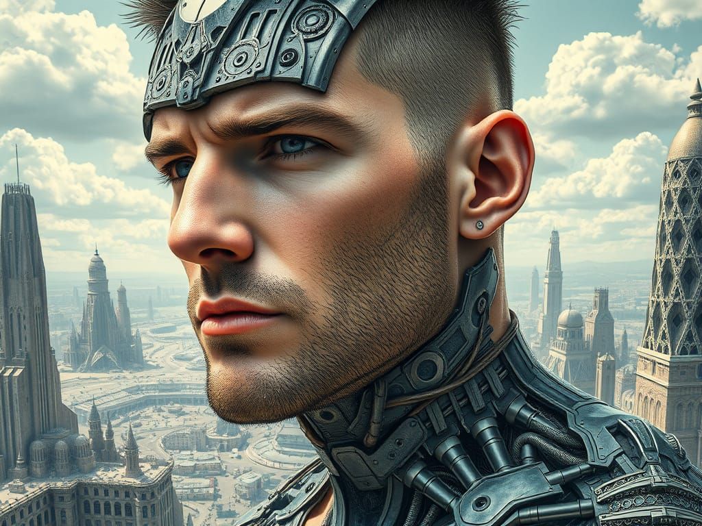 Futuristic Cyborg Man in Maximalist Landscape