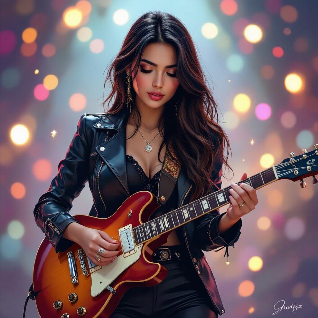 Anatolian Woman Plays Electric Guitar with Dynamic Lights