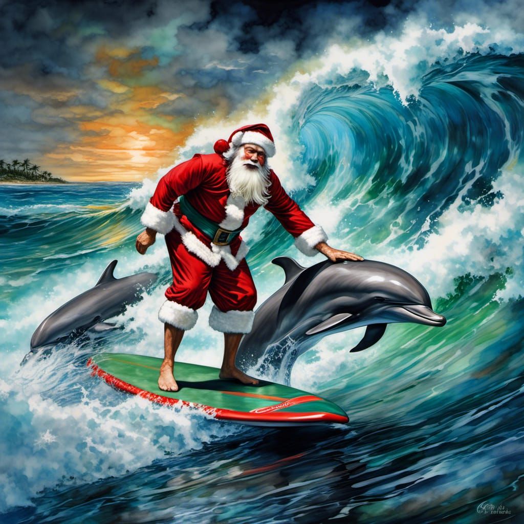 Santa Surfing Tsunami with Dolphins in Digital Art