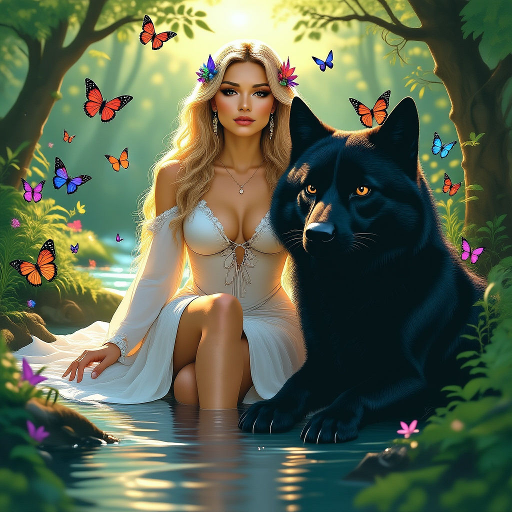 Blonde Woman in Forest with Butterflies, Ethereal Lighting