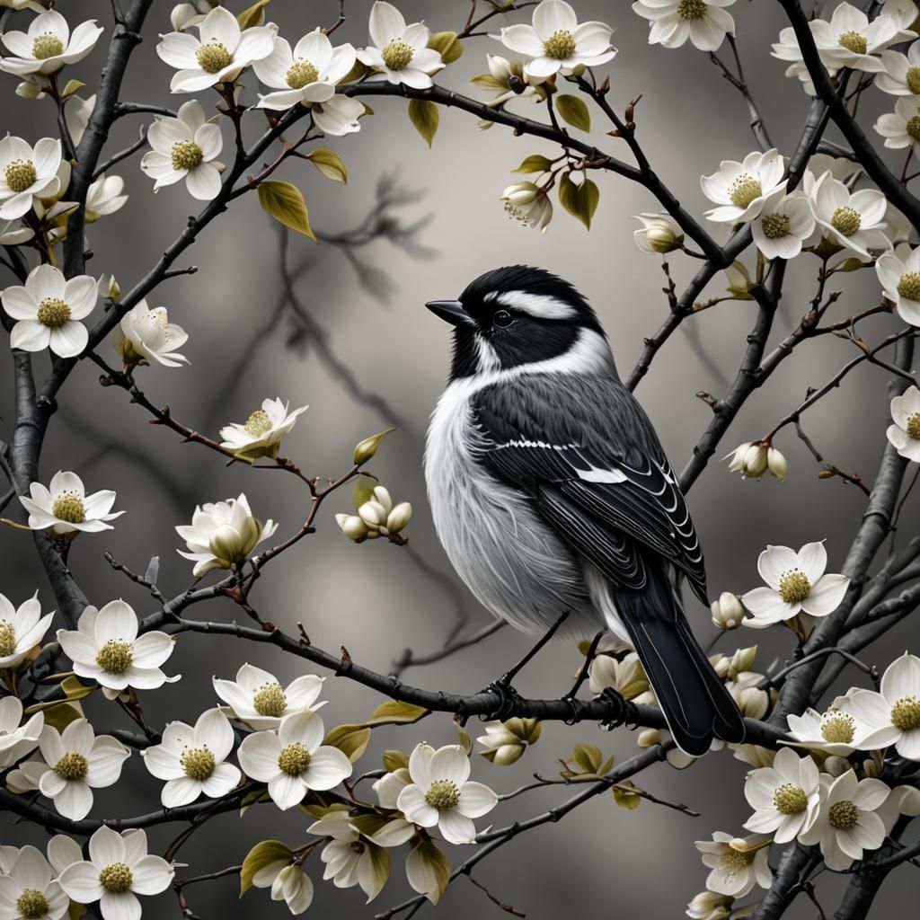 Monochrome Bird in Dogwood Tree: Hyperrealistic Masterpiece