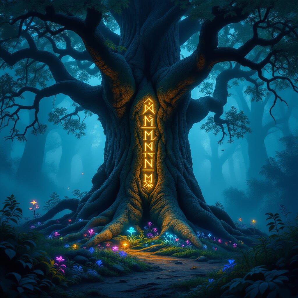 Ancient Glowing Rune Tree in Misty Enchanted Forest