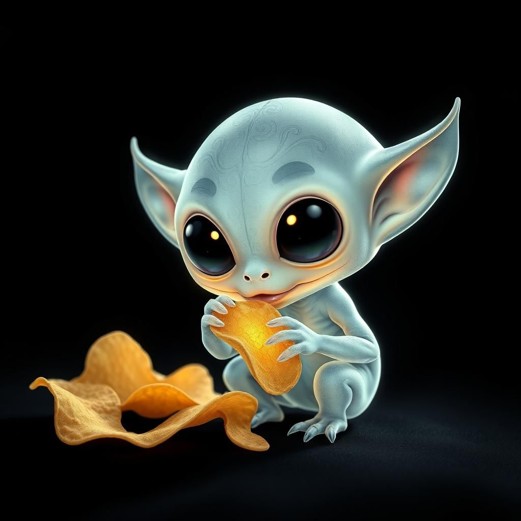 Ghostly Alien Munching Chips in Digital Art Style