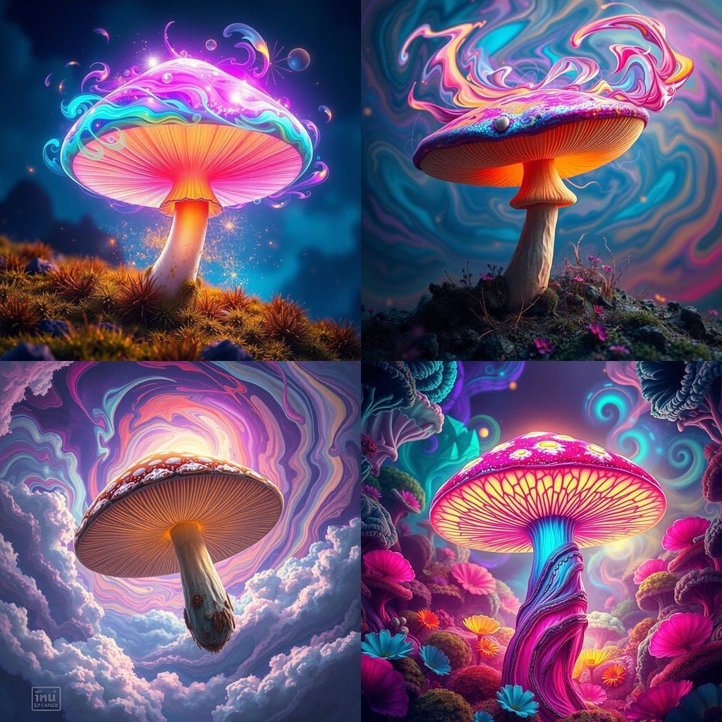 Vibrant Fantastical Mushroom in a Dreamlike Landscape