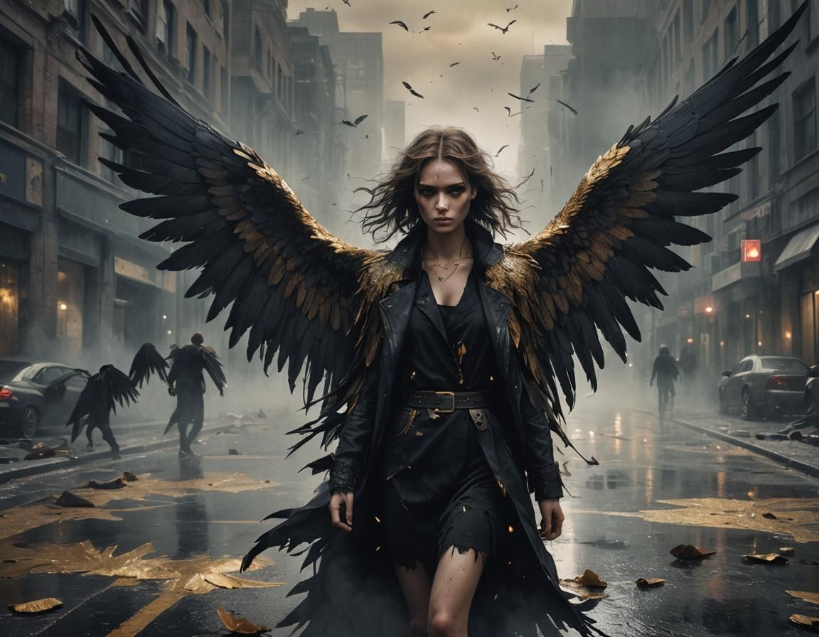 Dark Fantasy Fallen Angels in Modern City