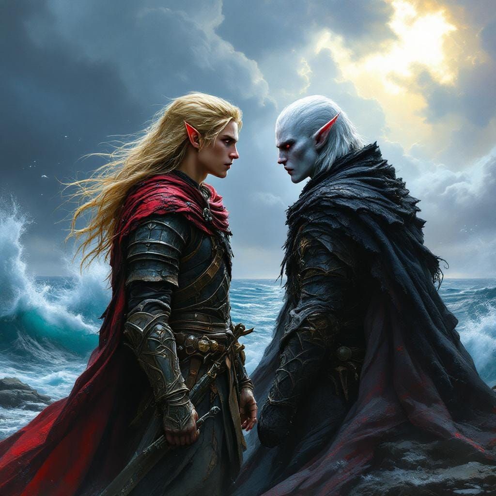 Epic Elf vs. Drow Battle on Stormy Shore