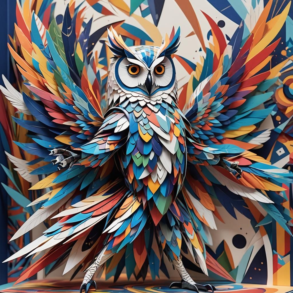 Cubist Pop-Up Book Art: Rainbow Owl and Woman