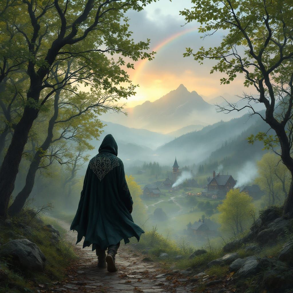 Celtic Walker in Spring Forest, Ethereal Illustration