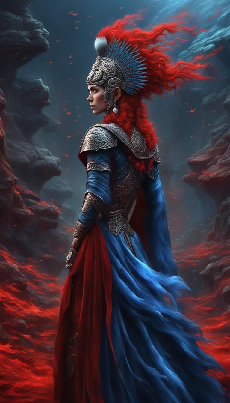 Dark-Haired Angel with Red Sword in Armor