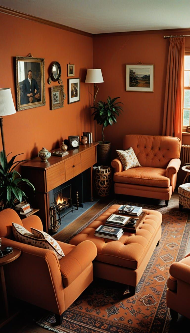 Cozy 1979 Kitsch Sitting Room in Burnt Orange Wood