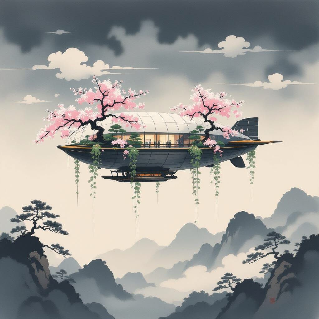 Floating Garden Airship in Japanese Ink Painting Style