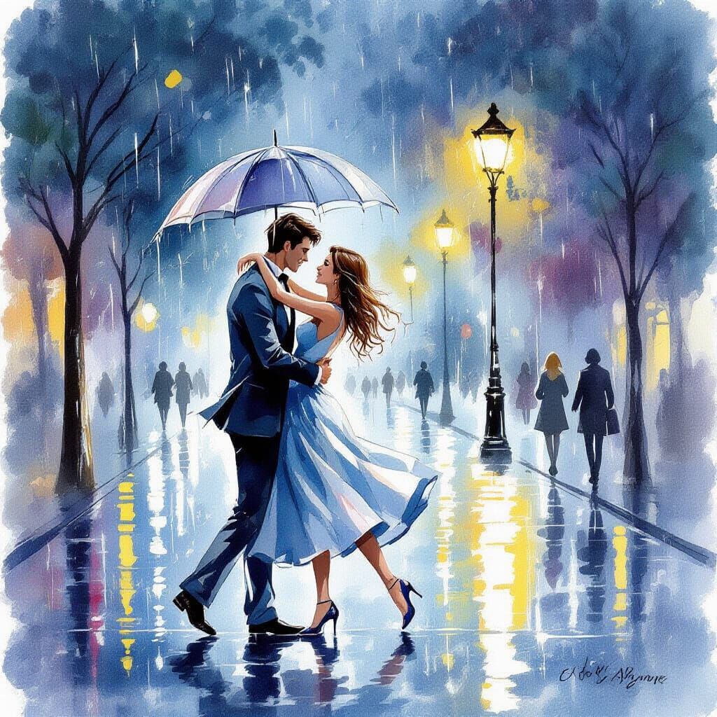Couple Dancing in Rain, Realistic Watercolor Style