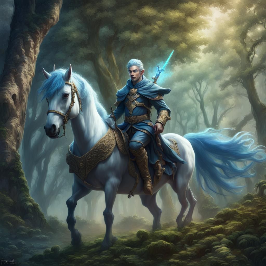 Blue-Haired Elf on Unicorn in Enchanted Forest