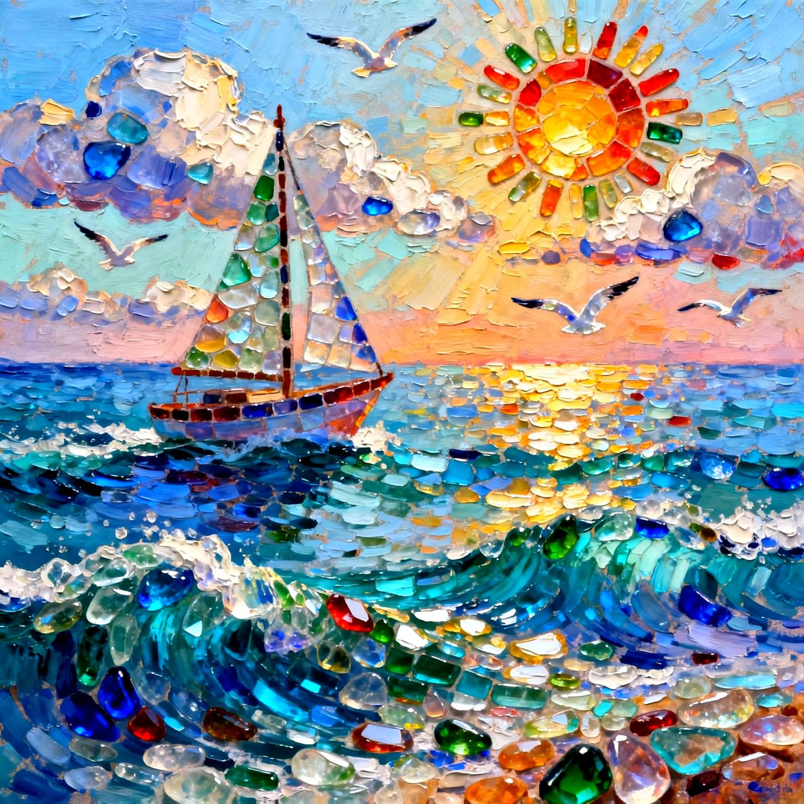 Ocean Masterpiece: Sea Glass Waves and Sailboat
