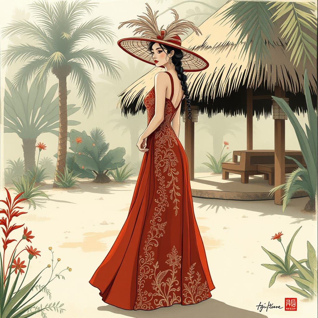 Elegant Woman in Garden: Sumi-e Ink Art