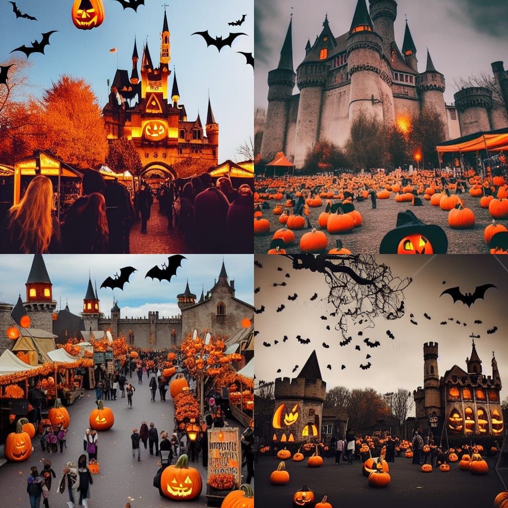 Creepy Halloween Town with Witches and Castle