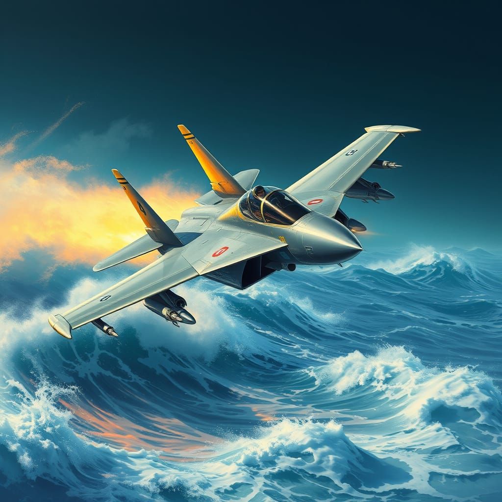 F-14 Tomcat Flying Low Over Ocean Waves