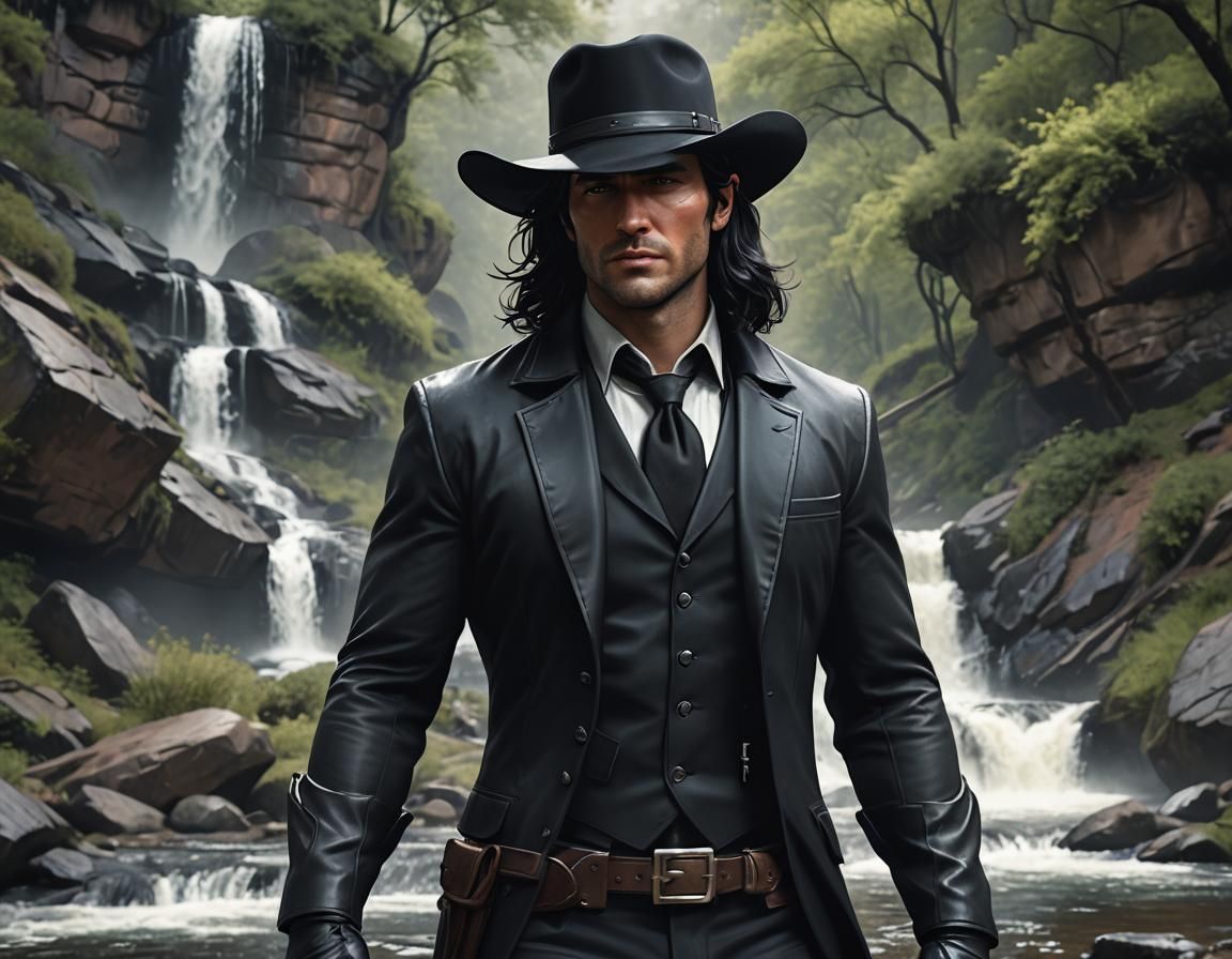 Handsome Man in Black with Long Hair, Cinematic Style