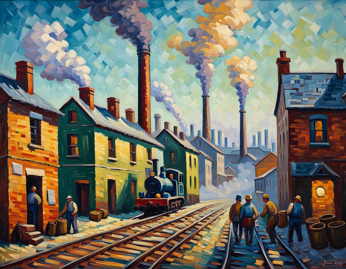Industrial Impressionism: Cityscape with Workers, Impasto Oi...