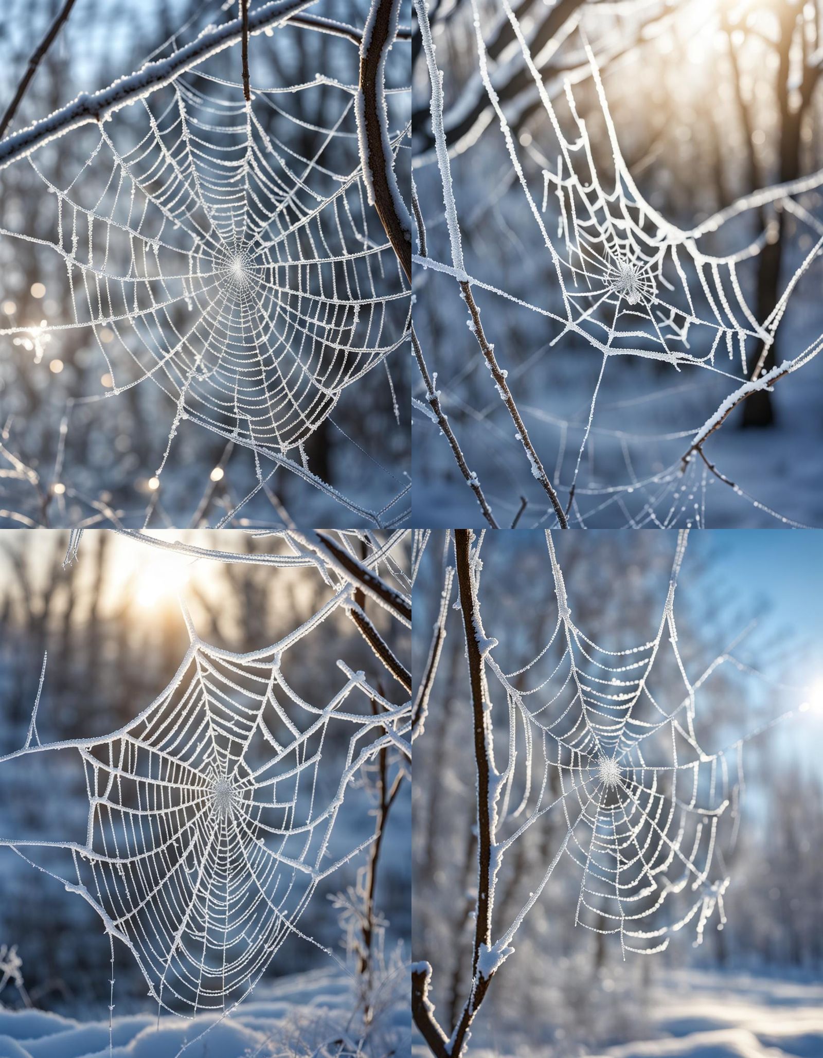 Glistening Frost on Winter Spiderwebs in Tree