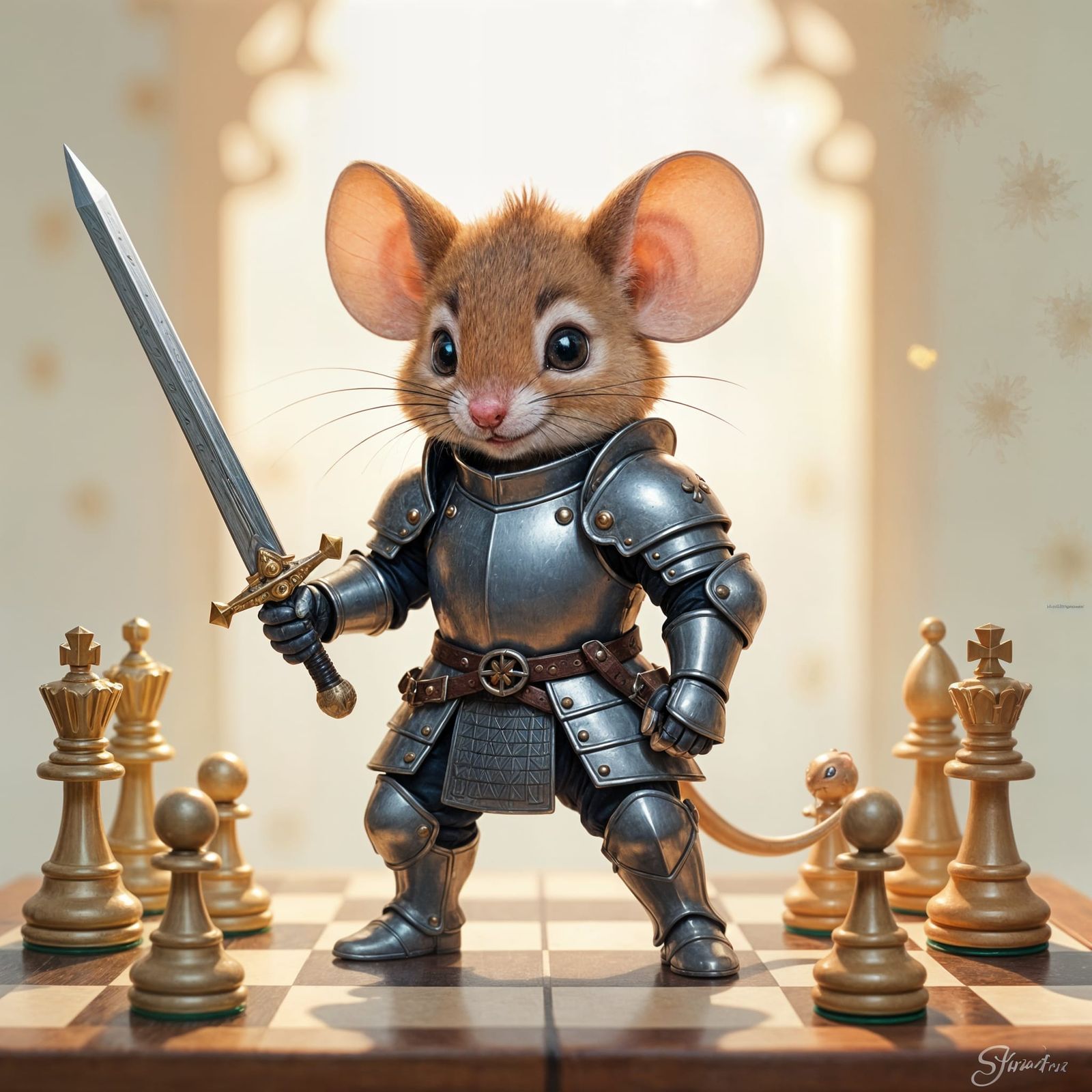 Mouse Knight on Chessboard: Watercolor Fantasy Art