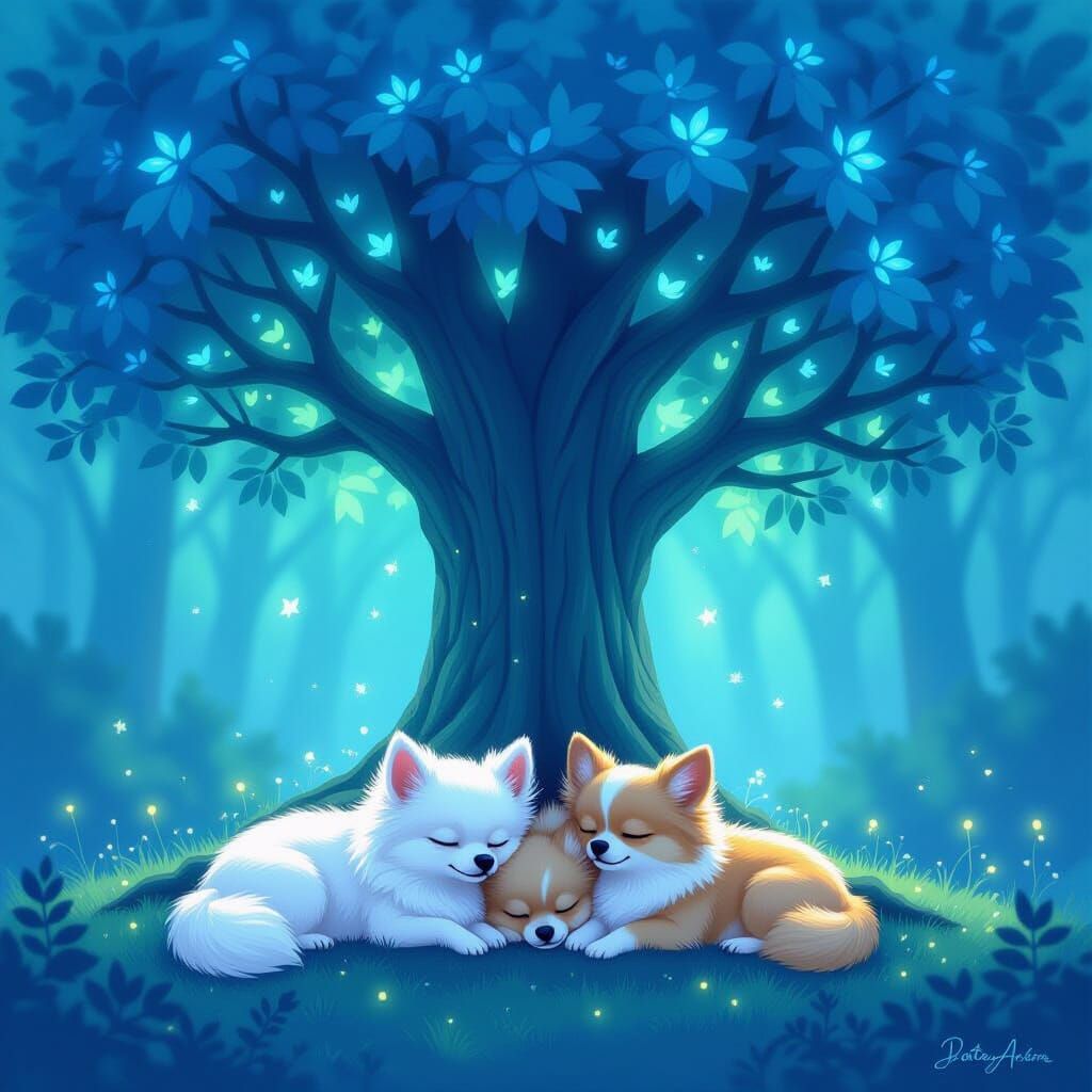 Chihuahuas Snuggling Under a Bioluminescent Blue Tree