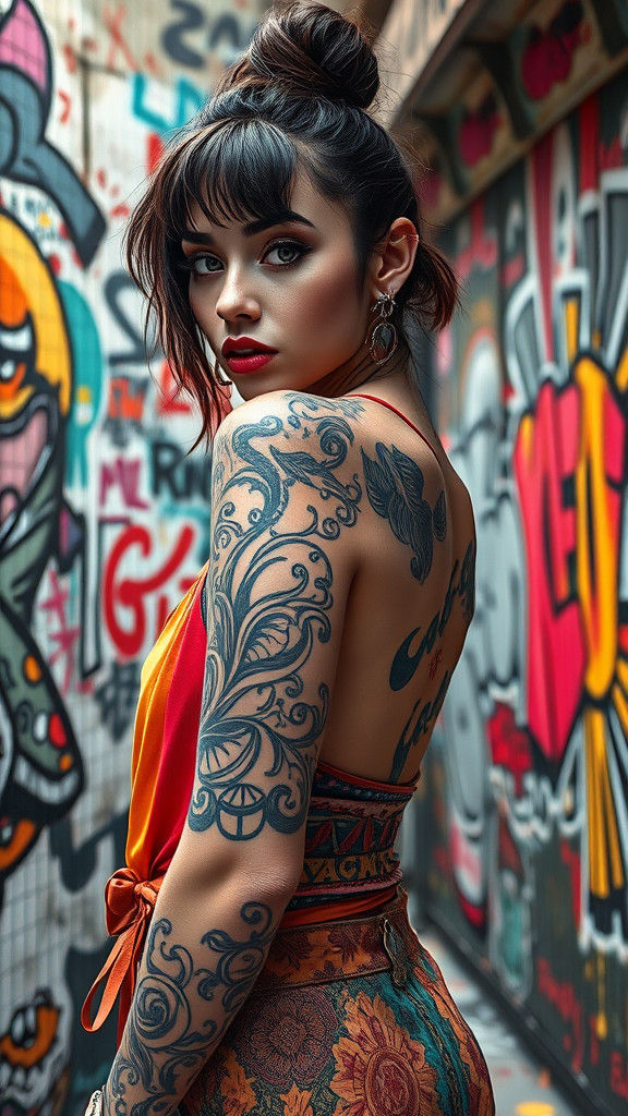 Tattooed Woman in Urban Graffiti Art, Ink Flow Style