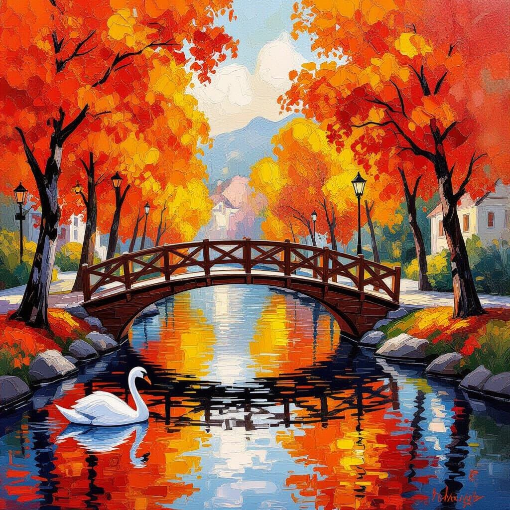 Autumn Serenity: Orange Trees, Wooden Bridge, and Swan