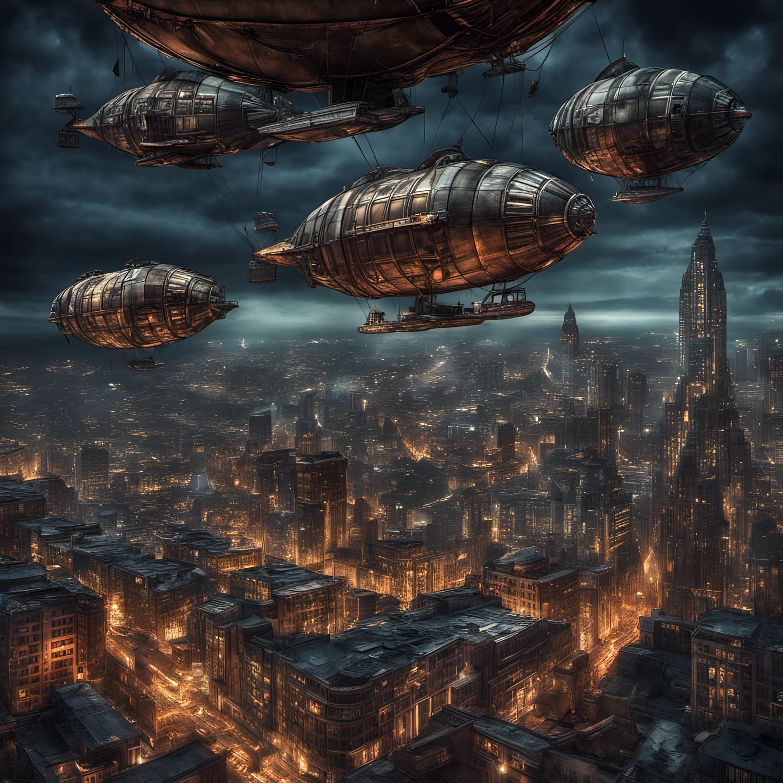 Art Deco Metropolis at Night with Airships