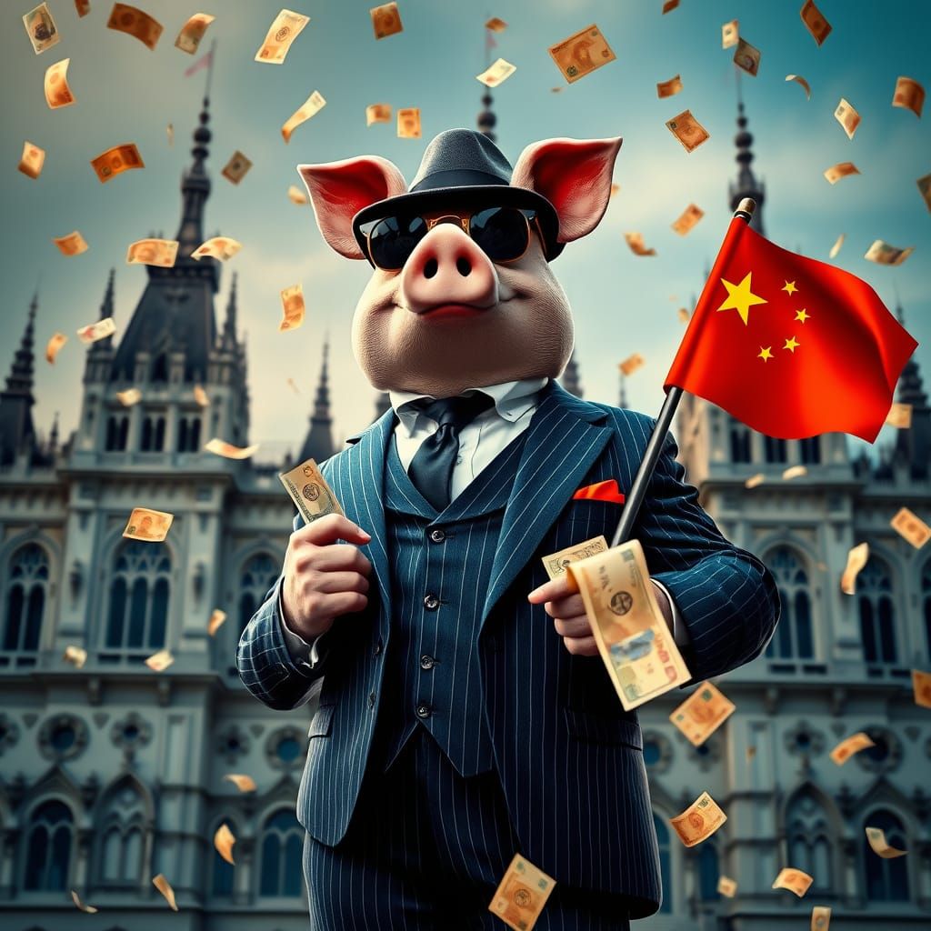 Gangster Pig Confidently Holds Chinese Flag in Front of Hung...