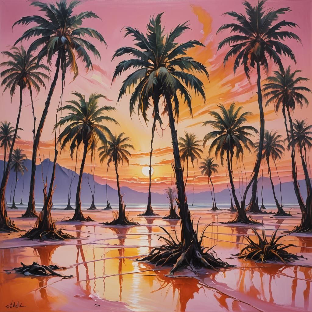 Melting Palm Trees on Pink Beach: Surreal Oil Painting