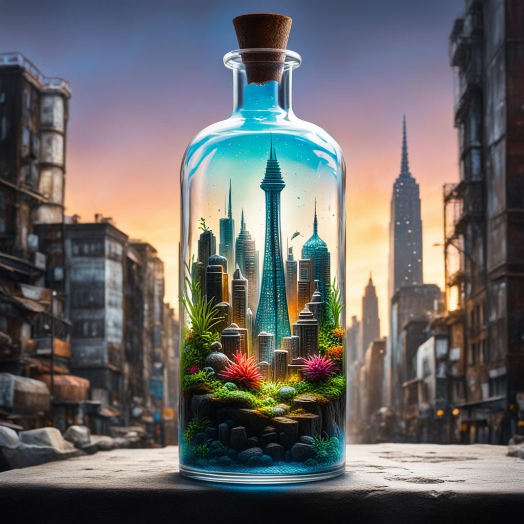 Miniature City Terrarium in Glass Bottle with Graffiti Art