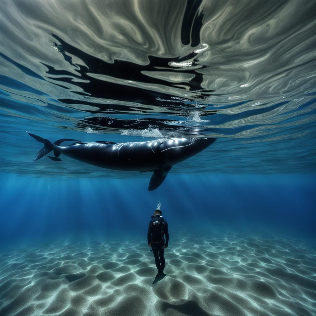 Freediver and Whale Underwater Reflection