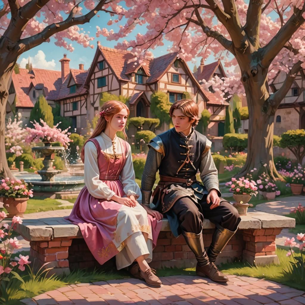 Fantasy Garden Scene with Cherry Trees in Oil Painting Style