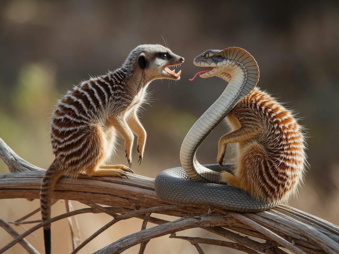 Meerkat Confronts Cobra on Tangled Branch